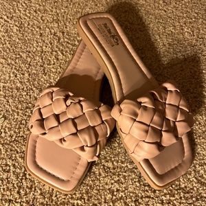 Coach and Four, pink blush puffy sandals, neutral woven slides 9.5.